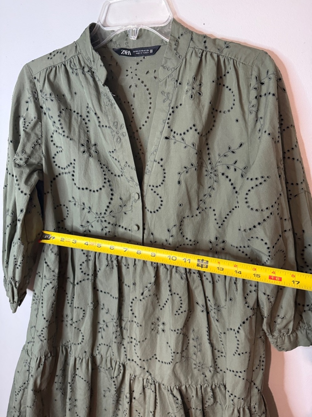 ZARA Olive Eyelet Tiered Mini Dress - Picture 5 of 9